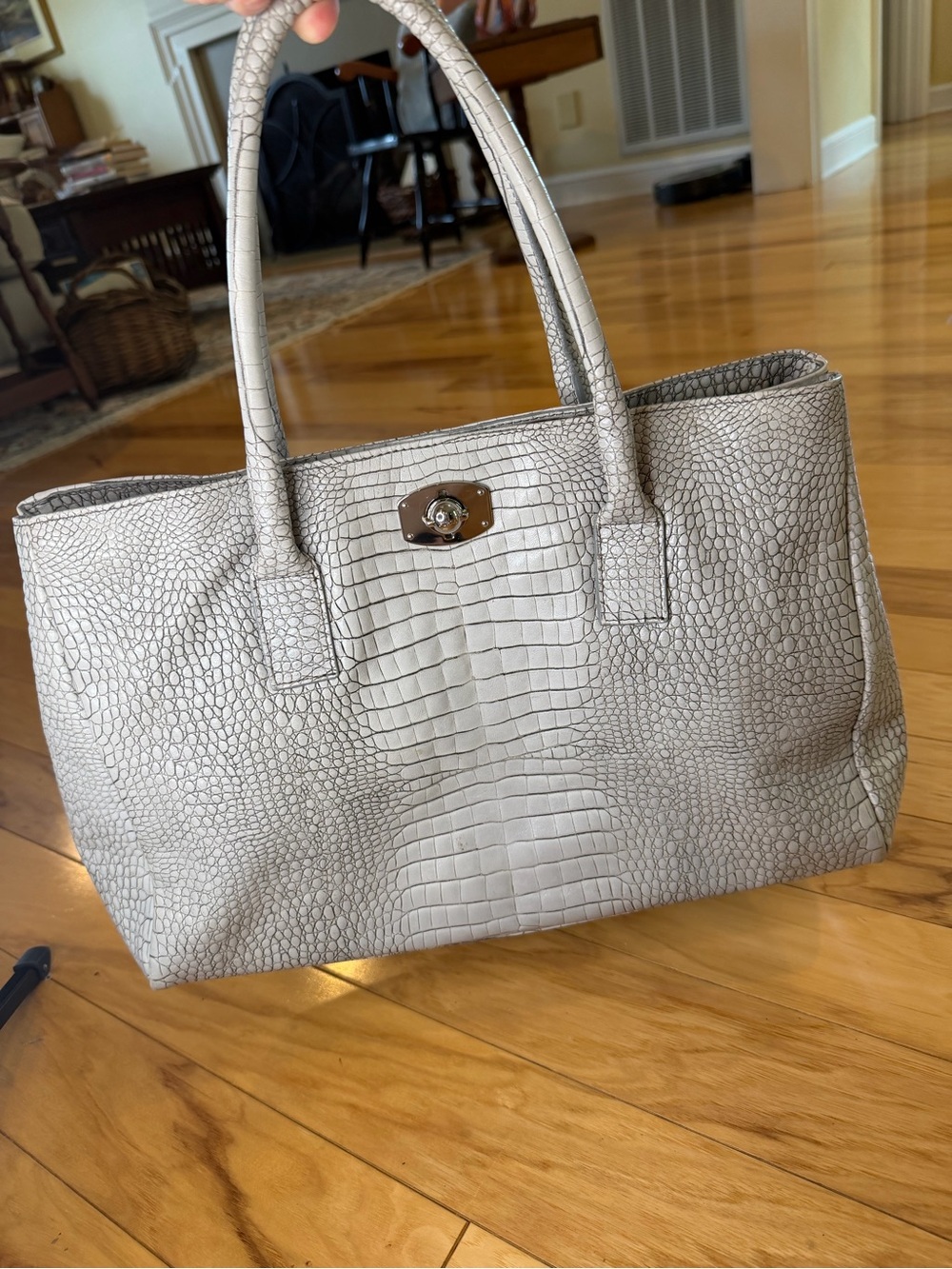 FURLA Off White Croc Embossed Leather Tote Bag Turn Lock Hot Pink Lining